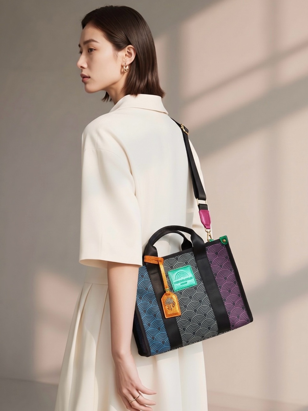 Multicolor Wave-Print Shoulder Tote with Black Straps